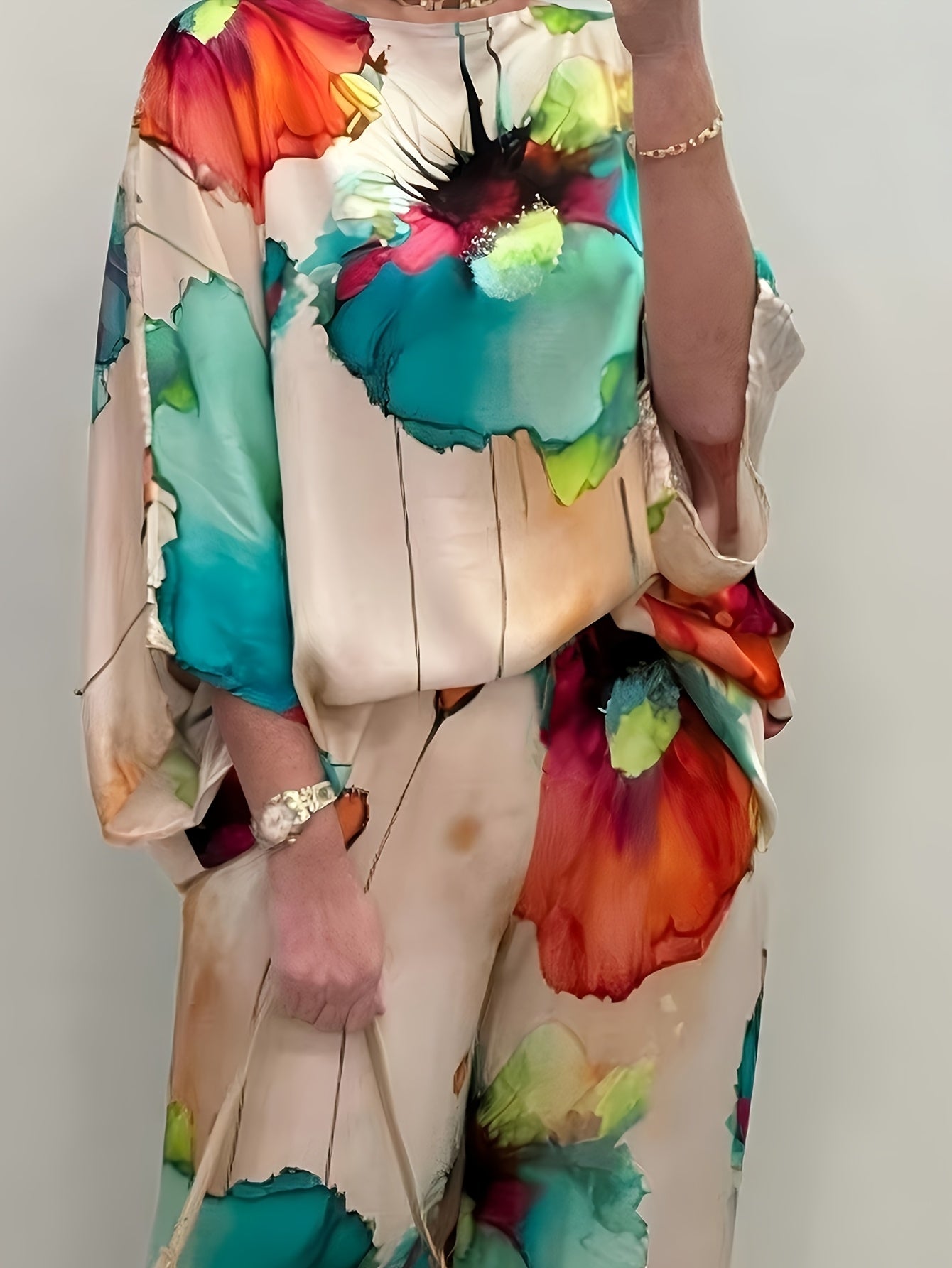 2025 Women's Spring Casual Floral Print Two-Piece Set with Summer T-Shirt and Wide-Leg Pants Fashionable Outfit
